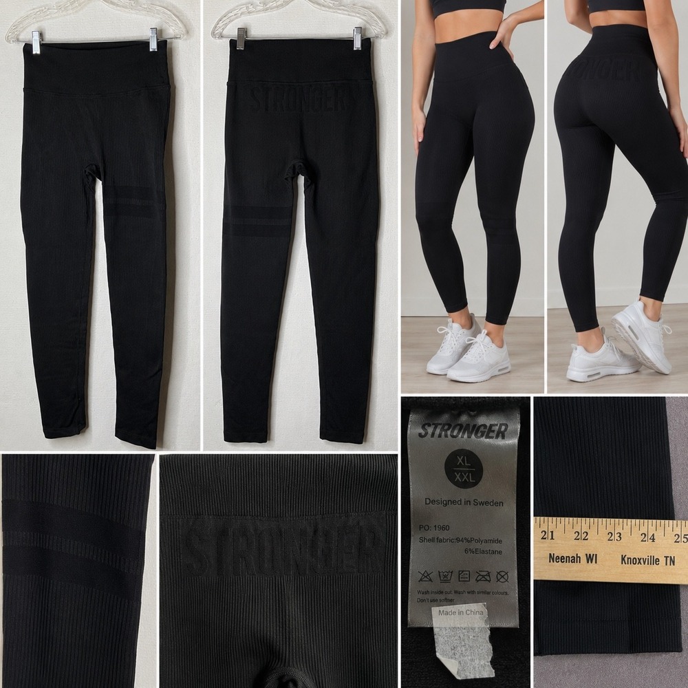 Stronger Ribbed High Waisted Leggings Black‎ Seamless Athletic Tights XL XXL